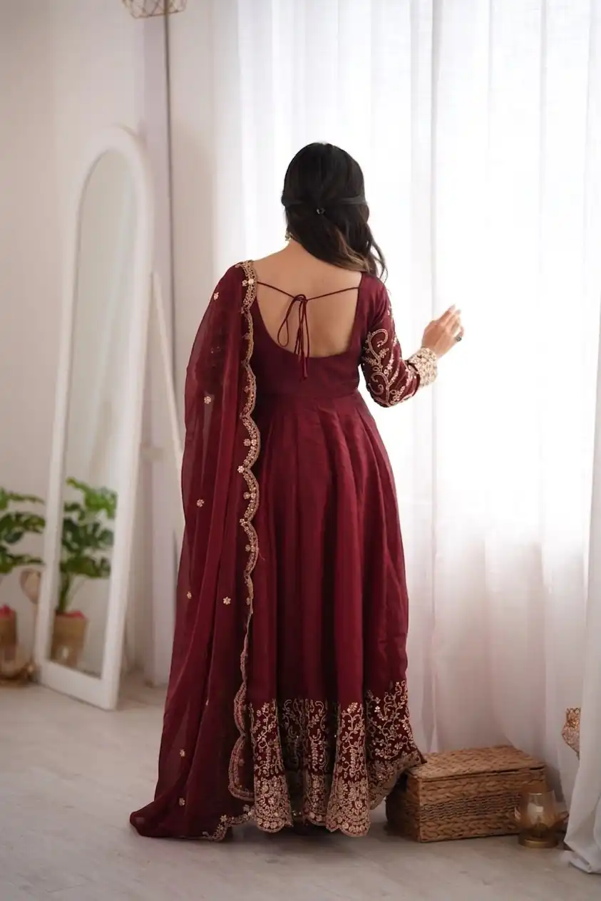 ZSR 3185 Maroon Fendy Silk Gown with Embroidery Work & Sequins Work. Special Price ₹2399. Delivery 4-6 Working Days. Shop now. | Gowns, Bollywood Gowns, Creative Gowns, Designer Gowns, Embroidered Gowns, Party Wear Gowns