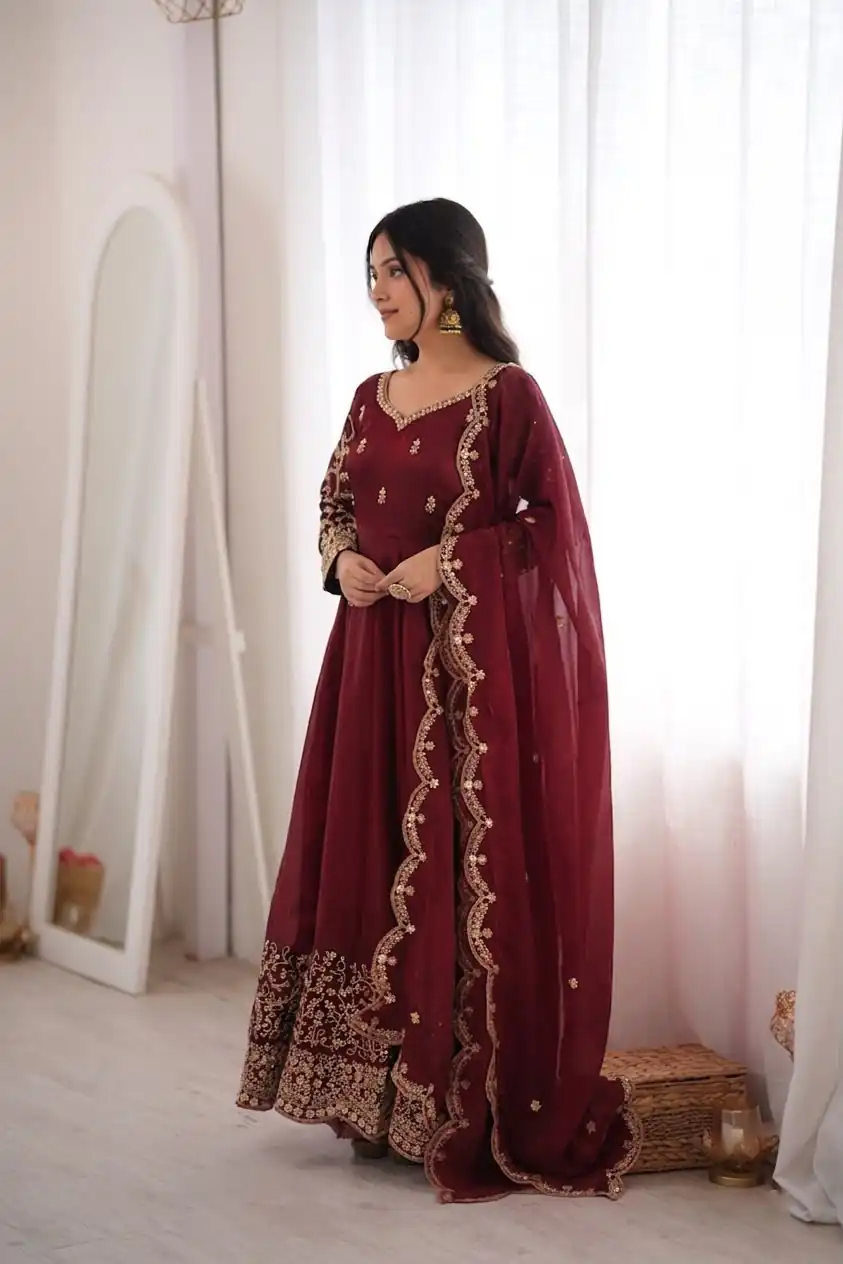 ZSR 3185 Maroon Fendy Silk Gown with Embroidery Work & Sequins Work. Special Price ₹2399. Delivery 4-6 Working Days. Shop now. | Gowns, Bollywood Gowns, Creative Gowns, Designer Gowns, Embroidered Gowns, Party Wear Gowns
