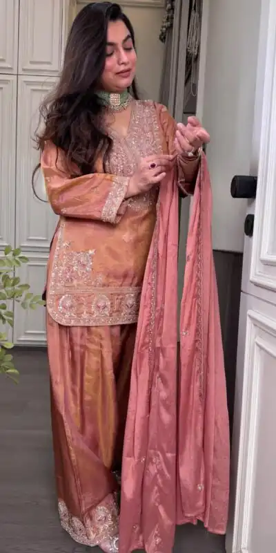 SRK 5367 Peach Embroidery Work & Sequins Work Salwar Suit in Peach Ronald Silk. Get it for ₹2349. Delivery 4-6 Working Days. Shop now. | Jump Suits, Salwar suit, Casual Suits, Creative suits, Designer Suits, Palazzo Suits, Party Wear Suits, Patiala Suits, Straight Suits