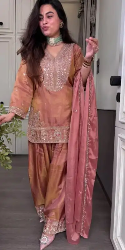 SRK 5367 Peach Embroidery Work & Sequins Work Salwar Suit in Peach Ronald Silk. Get it for ₹2349. Delivery 4-6 Working Days. Shop now. | Jump Suits, Salwar suit, Casual Suits, Creative suits, Designer Suits, Palazzo Suits, Party Wear Suits, Patiala Suits, Straight Suits