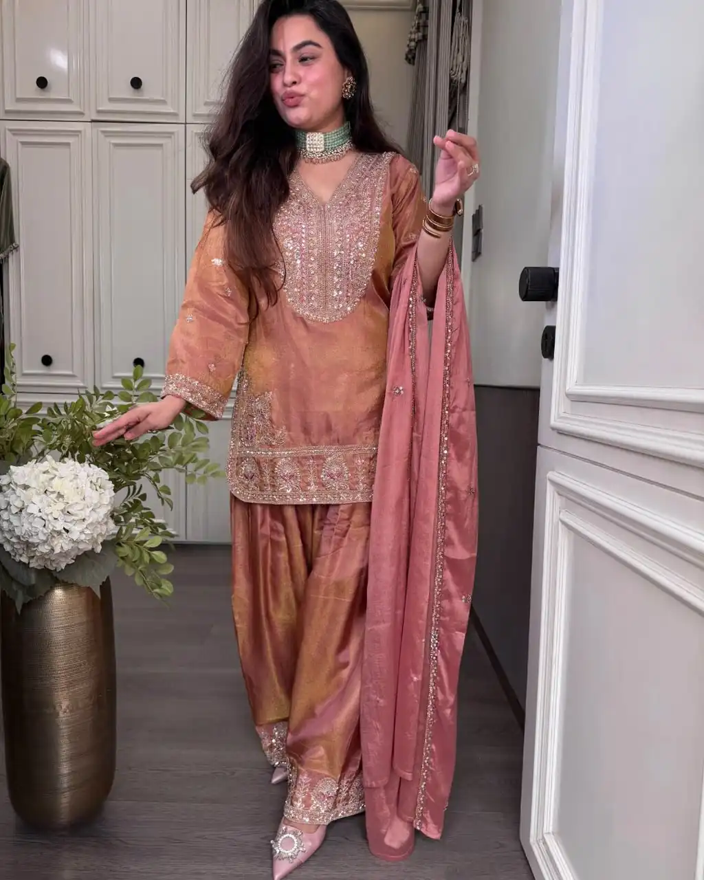 SRK 5367 Peach Embroidery Work & Sequins Work Salwar Suit in Peach Ronald Silk. Get it for ₹2349. Delivery 4-6 Working Days. Shop now. | Jump Suits, Salwar suit, Casual Suits, Creative suits, Designer Suits, Palazzo Suits, Party Wear Suits, Patiala Suits, Straight Suits