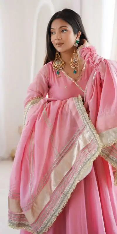 RTC 6048 Pink Tabby Organza Silk Gown with Hand Work & Mirror Work. Special Price ₹2549. Delivery 4-6 Working Days. Shop now. | Gowns, Bollywood Gowns, Creative Gowns, Designer Gowns, Embroidered Gowns, Party Wear Gowns