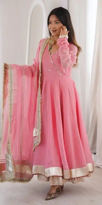 RTC 6048 Pink Tabby Organza Silk Gown with Hand Work & Mirror Work. Special Price ₹2549. Delivery 4-6 Working Days. Shop now. | Gowns, Bollywood Gowns, Creative Gowns, Designer Gowns, Embroidered Gowns, Party Wear Gowns
