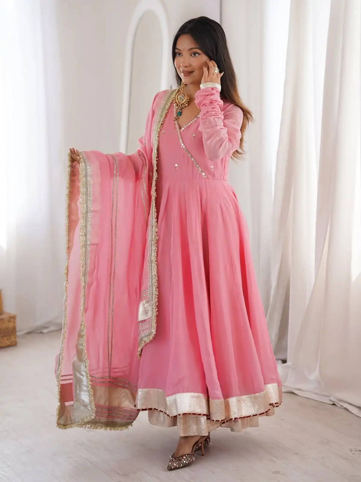 RTC 6048 Pink Tabby Organza Silk Gown with Hand Work & Mirror Work. Special Price ₹2549. Delivery 4-6 Working Days. Shop now. | Gowns, Bollywood Gowns, Creative Gowns, Designer Gowns, Embroidered Gowns, Party Wear Gowns