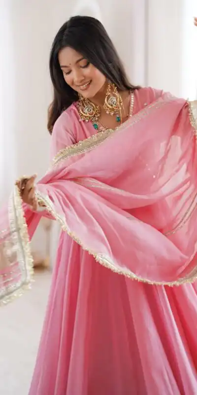 RTC 6048 Pink Tabby Organza Silk Gown with Hand Work & Mirror Work. Special Price ₹2549. Delivery 4-6 Working Days. Shop now. | Gowns, Bollywood Gowns, Creative Gowns, Designer Gowns, Embroidered Gowns, Party Wear Gowns