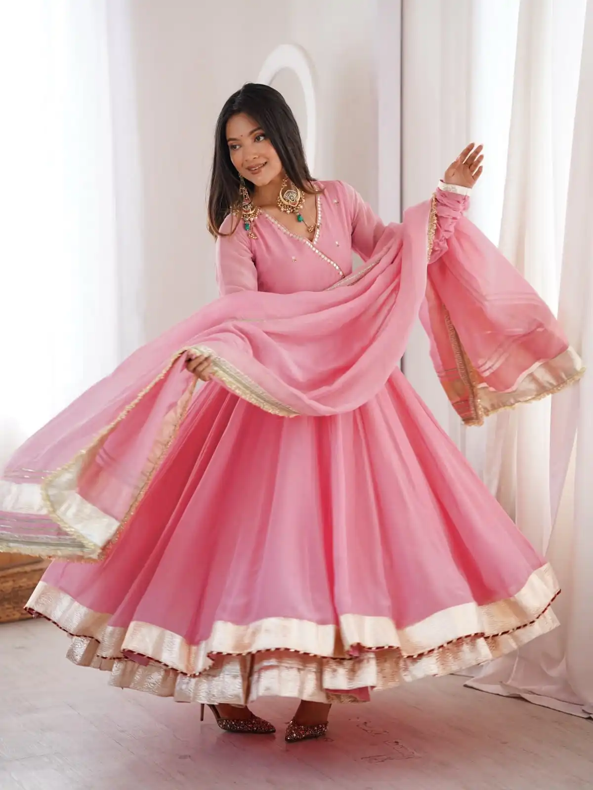 RTC 6048 Pink Tabby Organza Silk Gown with Hand Work & Mirror Work. Special Price ₹2549. Delivery 4-6 Working Days. Shop now. | Gowns, Bollywood Gowns, Creative Gowns, Designer Gowns, Embroidered Gowns, Party Wear Gowns