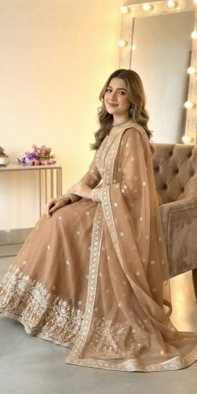SSR 546 Chiku in Georgette Embroidery Work & Sequins Work Gown . Get it for ₹2149. Delivery 4-6 Working Days. Online Shop now. | Gowns, Bollywood Gowns, Creative Gowns, Designer Gowns, Embroidered Gowns, Party Wear Gowns