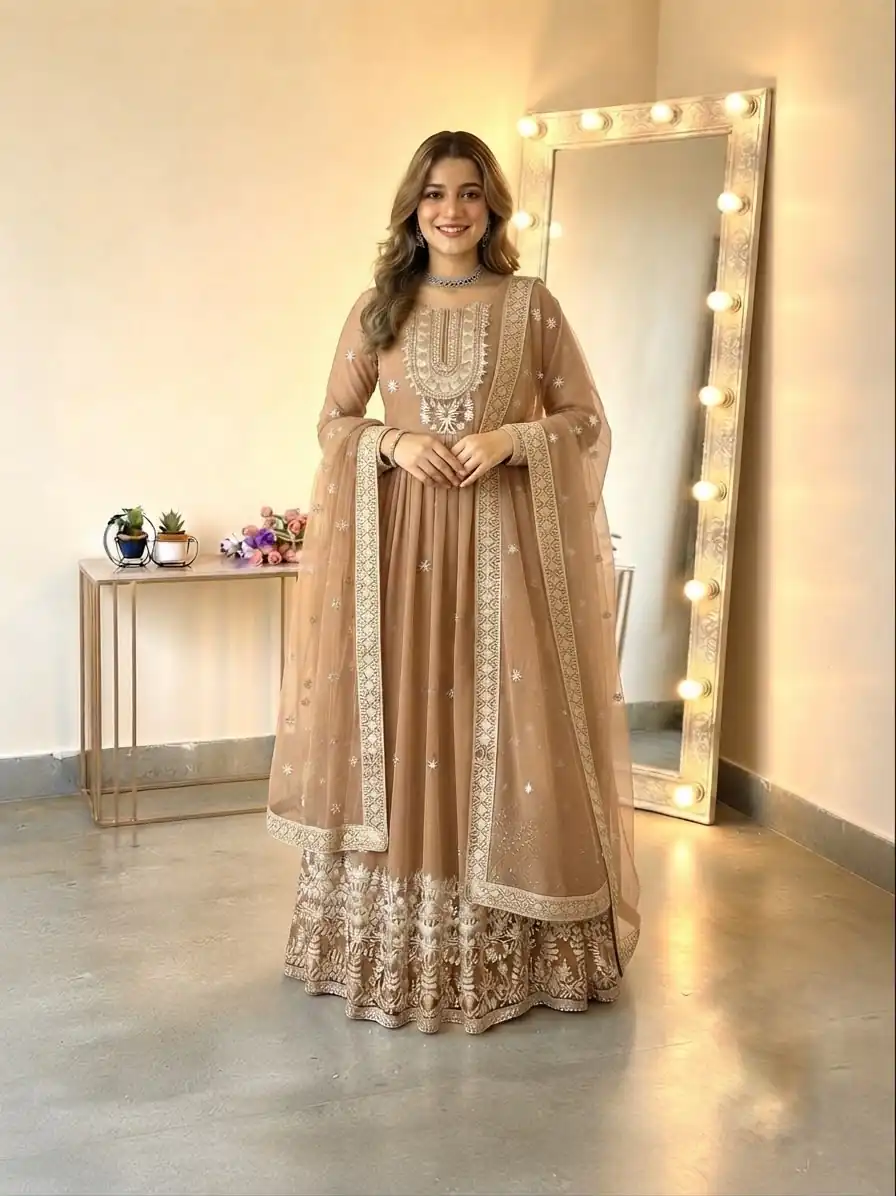 SSR 546 Chiku in Georgette Embroidery Work & Sequins Work Gown . Get it for ₹2149. Delivery 4-6 Working Days. Online Shop now. | Gowns, Bollywood Gowns, Creative Gowns, Designer Gowns, Embroidered Gowns, Party Wear Gowns