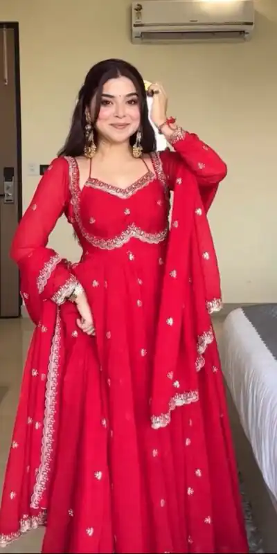 NSR 874 Red Georgette Thread With Sequence Gown Perfect for Wedding, Party, Reception, Holi, Eid . Available at ₹1799 only. Delivery 4-6 Working Days. | Gowns, Bollywood Gowns, Creative Gowns, Designer Gowns, Embroidered Gowns, Party Wear Gowns