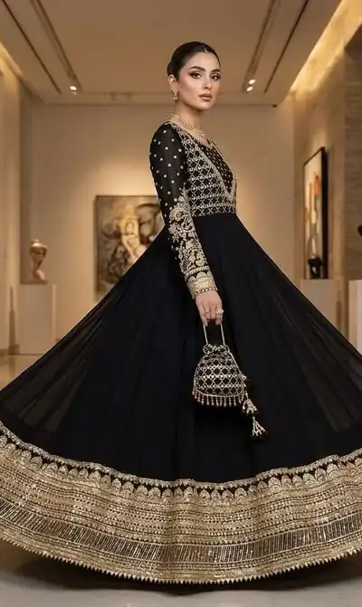 JF 049 Black Georgette Gown with Embroidery Work & Sequins Work. Exclusive Offer ₹2149. Delivery 4-6 Working Days. Shop now. | Gowns, Bollywood Gowns, Creative Gowns, Designer Gowns, Embroidered Gowns, Party Wear Gowns