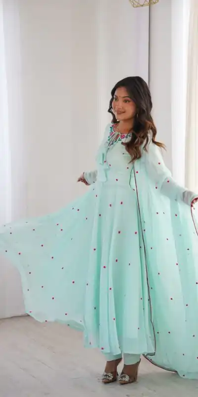 SP 82 Sky Blue in Heavy Faux Georgette Embroidery Work Salwar Suit . Introductory Price ₹1999. Delivery 4-6 Working Days. Shop now. | Anarkali Suits, Bollywood Anarkali, Creative-Anarkali, Designer Anarkali, Embroidered Anarkali, Party Wear Anarkali