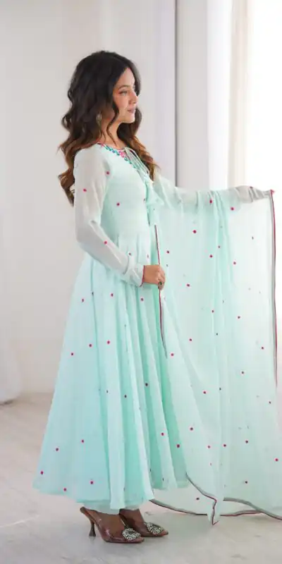 SP 82 Sky Blue in Heavy Faux Georgette Embroidery Work Salwar Suit . Introductory Price ₹1999. Delivery 4-6 Working Days. Shop now. | Anarkali Suits, Bollywood Anarkali, Creative-Anarkali, Designer Anarkali, Embroidered Anarkali, Party Wear Anarkali