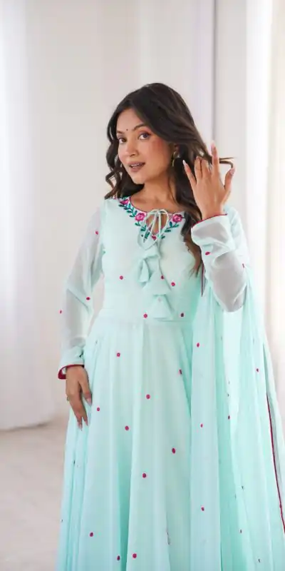 SP 82 Sky Blue in Heavy Faux Georgette Embroidery Work Salwar Suit . Introductory Price ₹1999. Delivery 4-6 Working Days. Shop now. | Anarkali Suits, Bollywood Anarkali, Creative-Anarkali, Designer Anarkali, Embroidered Anarkali, Party Wear Anarkali