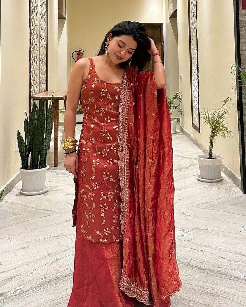 ST 174 Rust Zimmy Silk Salwar Suit Perfect for Wedding, Party, Karwa Chauth, Haldi, Eid – . Special Price ₹1999. Delivery 4-6 Working Days. Shop no | Jump Suits, Salwar suit, Casual Suits, Creative suits, Designer Suits, Palazzo Suits, Party Wear Suits, Patiala Suits, Straight Suits
