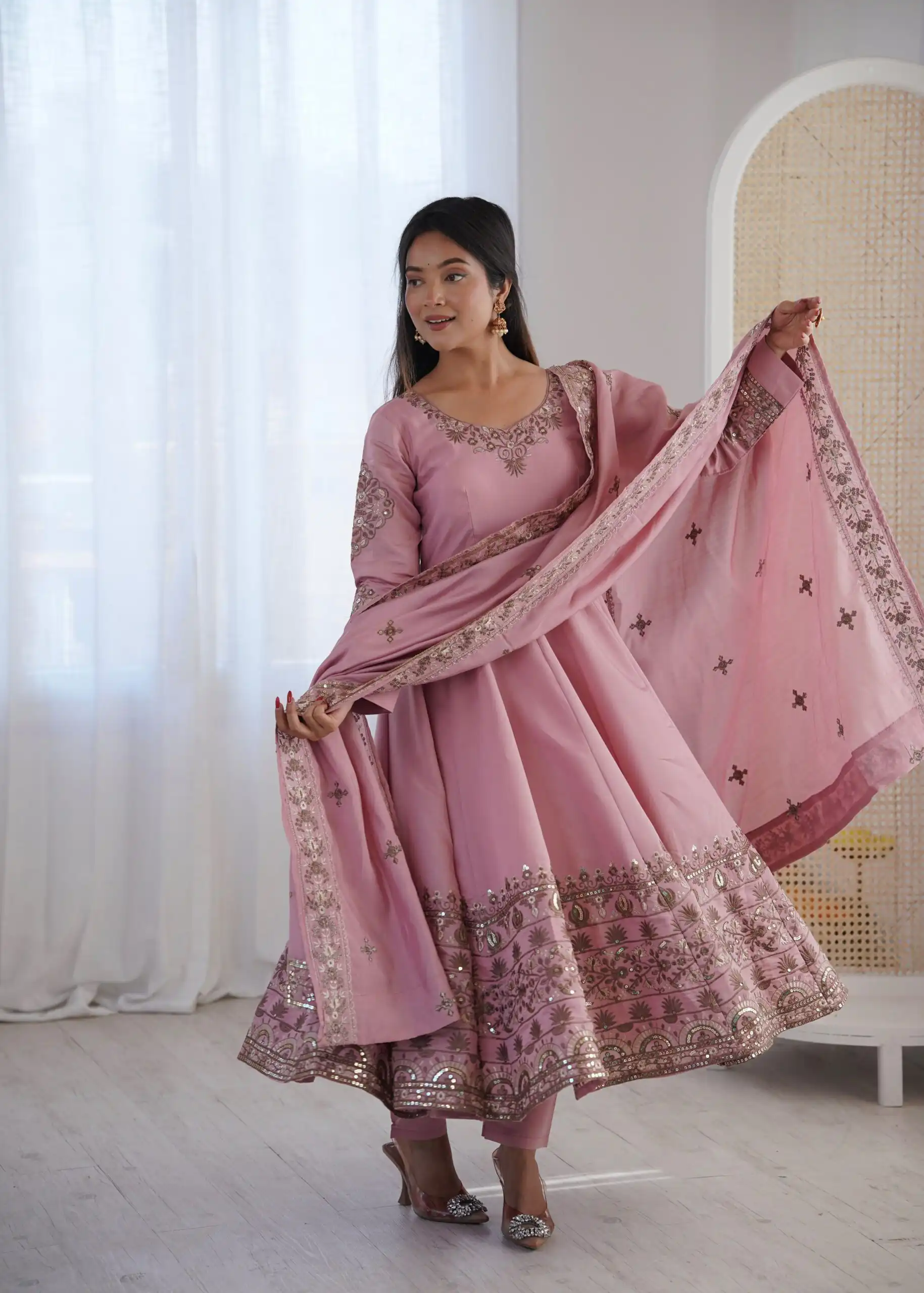 ZF 5016 Dusty Pink Roman Silk Gown with Embroidery Work. Wedding, Party, Festive, Events, Navratri, Offer ₹2499. Delivery 4-6 Working Days. Shop now. | Gowns, Bollywood Gowns, Creative Gowns, Designer Gowns, Embroidered Gowns, Party Wear Gowns