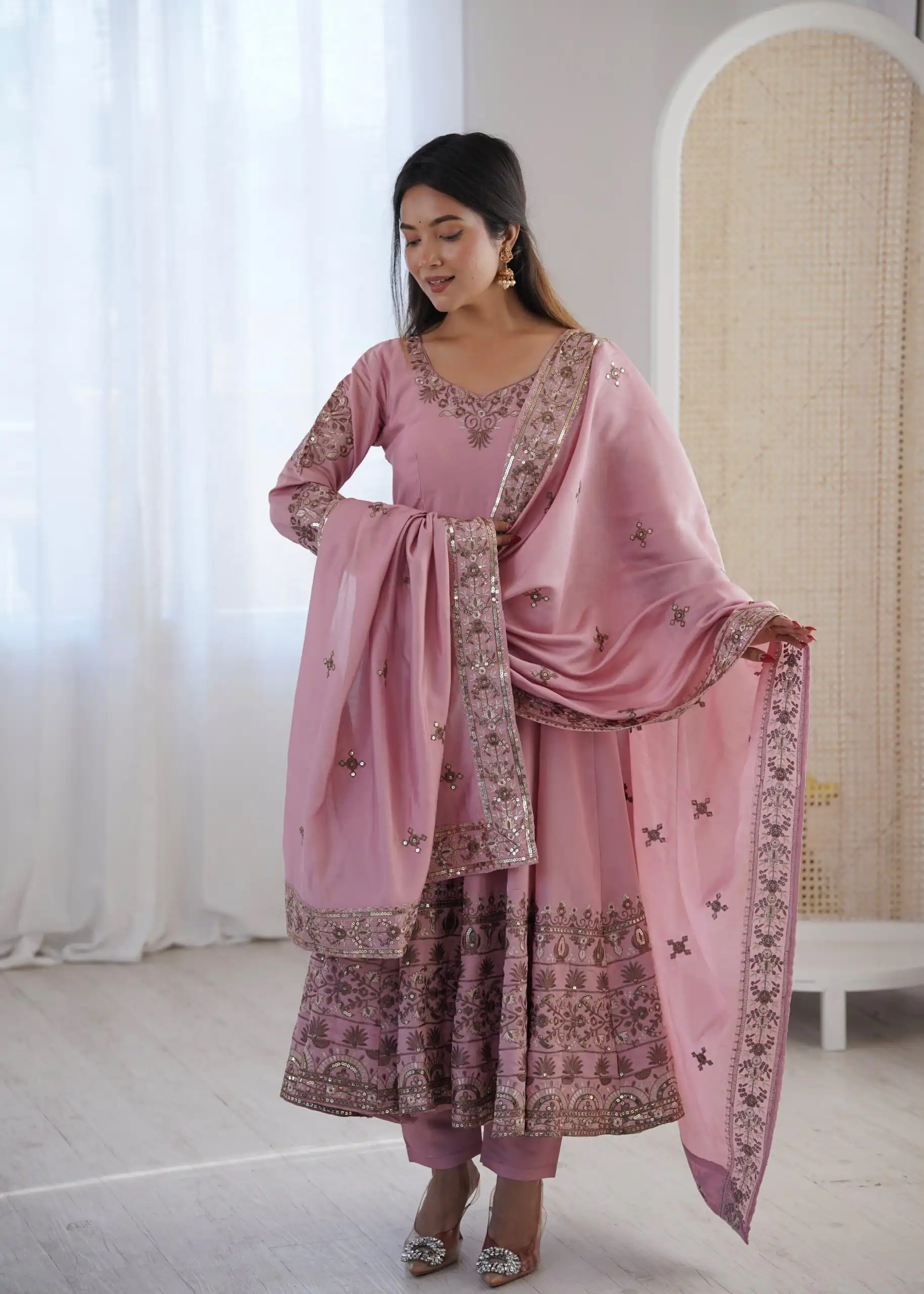 ZF 5016 Dusty Pink Roman Silk Gown with Embroidery Work. Wedding, Party, Festive, Events, Navratri, Offer ₹2499. Delivery 4-6 Working Days. Shop now. | Gowns, Bollywood Gowns, Creative Gowns, Designer Gowns, Embroidered Gowns, Party Wear Gowns