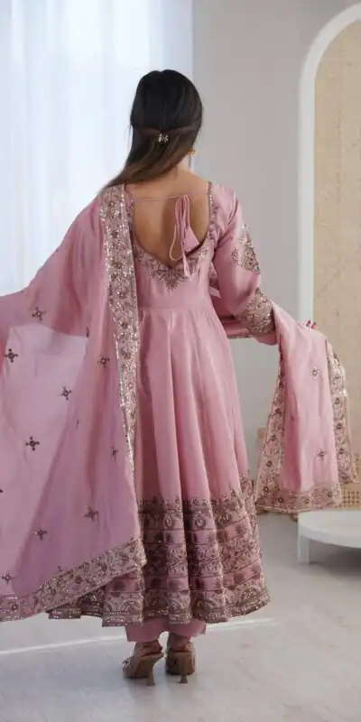 ZF 5016 Dusty Pink Roman Silk Gown with Embroidery Work. Wedding, Party, Festive, Events, Navratri, Offer ₹2499. Delivery 4-6 Working Days. Shop now. | Gowns, Bollywood Gowns, Creative Gowns, Designer Gowns, Embroidered Gowns, Party Wear Gowns