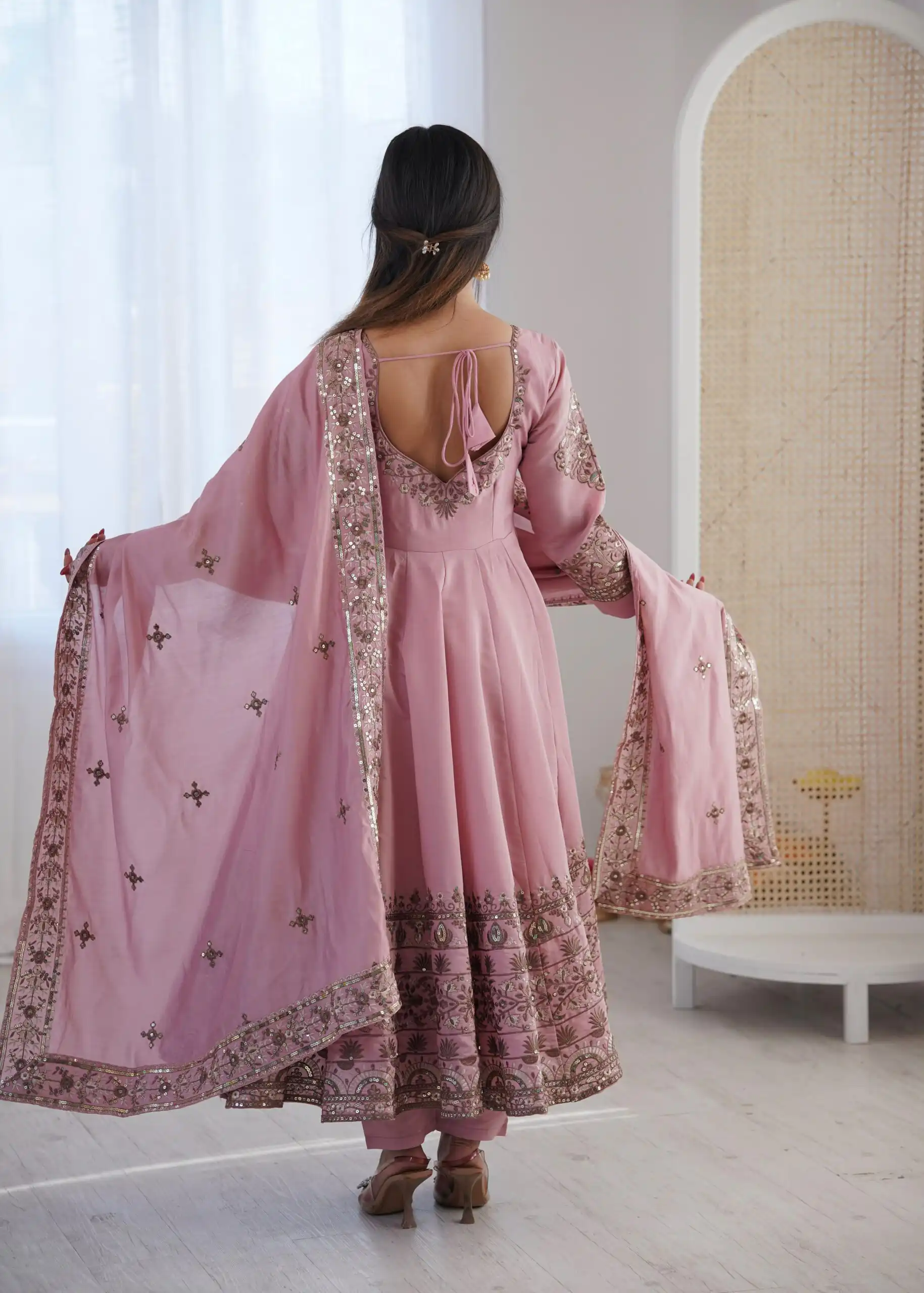 ZF 5016 Dusty Pink Roman Silk Gown with Embroidery Work. Wedding, Party, Festive, Events, Navratri, Offer ₹2499. Delivery 4-6 Working Days. Shop now. | Gowns, Bollywood Gowns, Creative Gowns, Designer Gowns, Embroidered Gowns, Party Wear Gowns