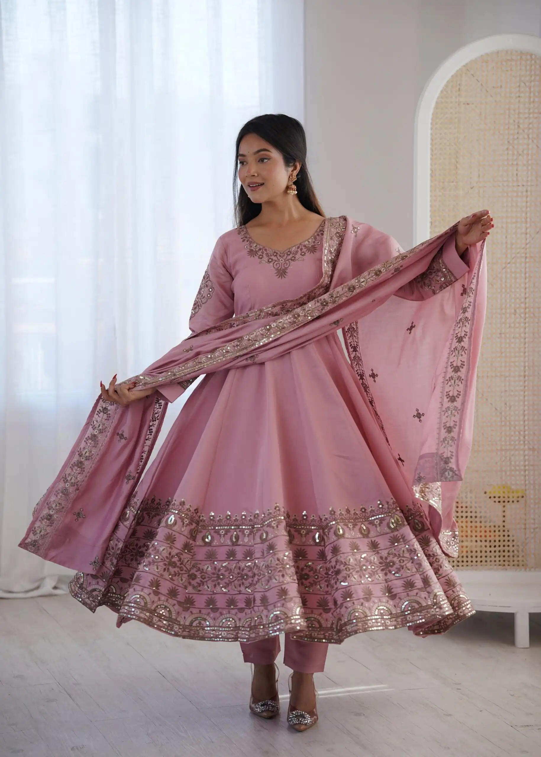 ZF 5016 Dusty Pink Roman Silk Gown with Embroidery Work. Wedding, Party, Festive, Events, Navratri, Offer ₹2499. Delivery 4-6 Working Days. Shop now. | Gowns, Bollywood Gowns, Creative Gowns, Designer Gowns, Embroidered Gowns, Party Wear Gowns