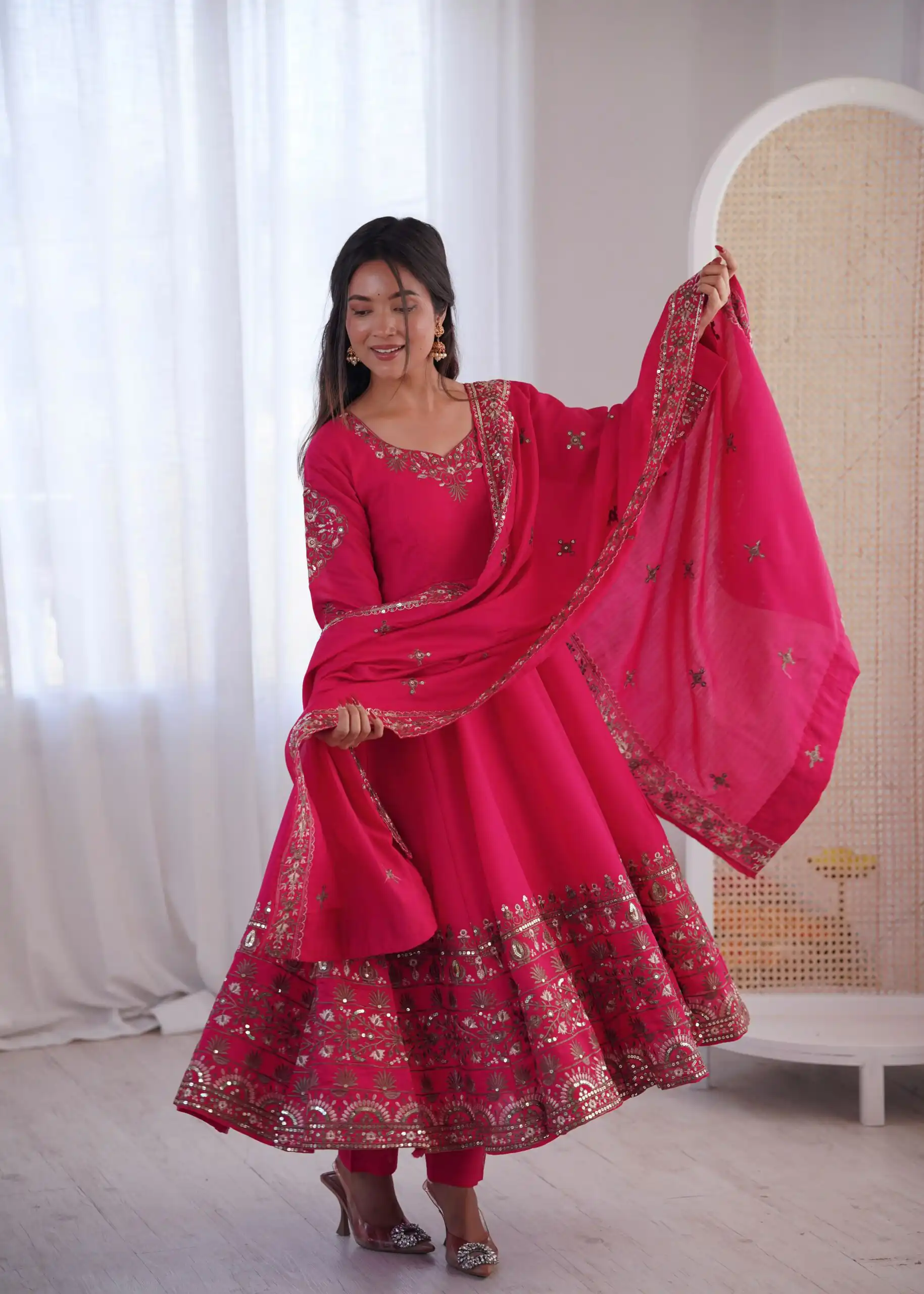 ZF 5016 Pink Roman Silk Gown with Embroidery Work. Wedding, Party, Festive, Events, Navratri, Exclusive Offer ₹2499. Delivery 4-6 Working Days. Shop now. | Gowns, Bollywood Gowns, Creative Gowns, Designer Gowns, Embroidered Gowns, Party Wear Gowns