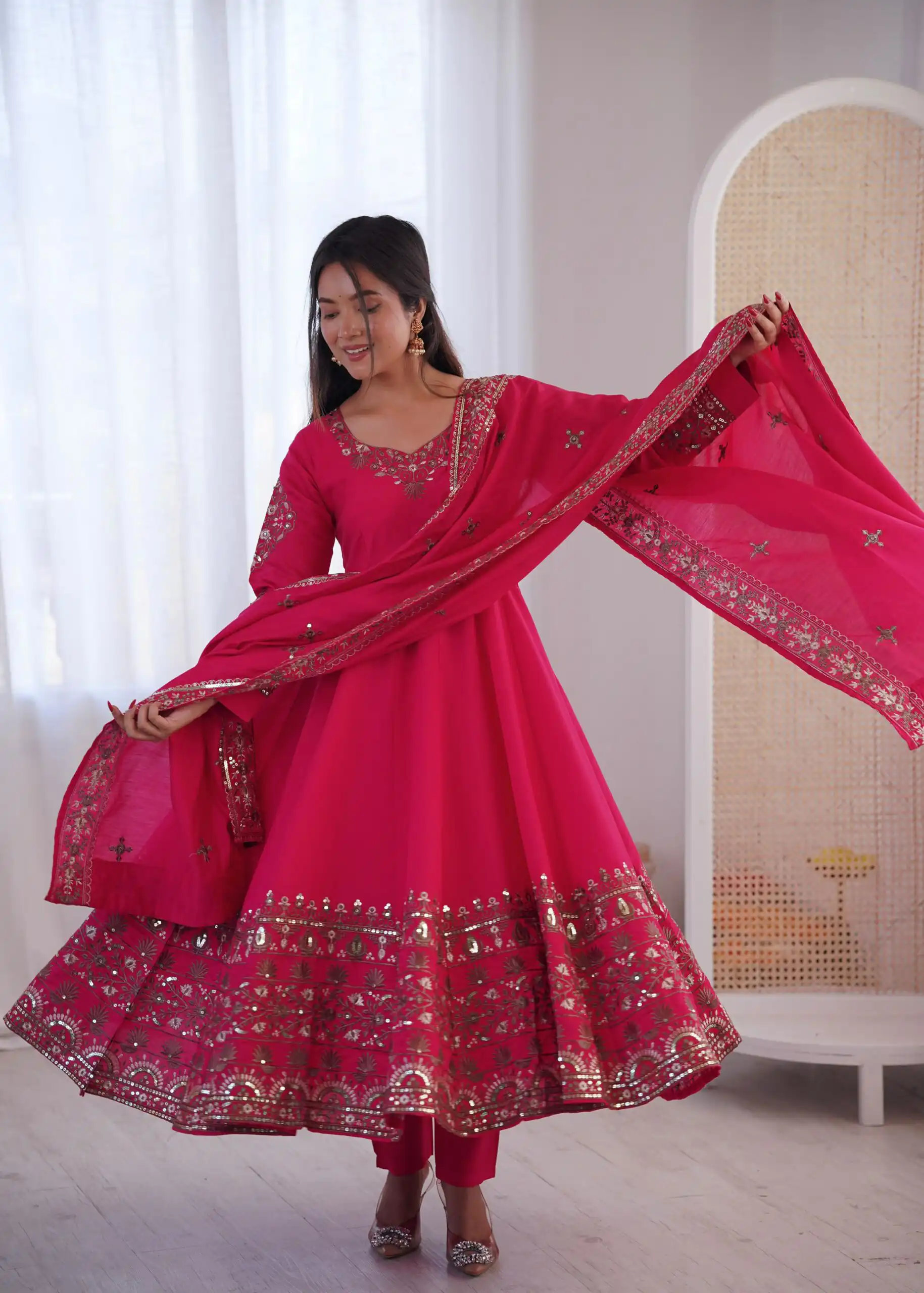 ZF 5016 Pink Roman Silk Gown with Embroidery Work. Wedding, Party, Festive, Events, Navratri, Exclusive Offer ₹2499. Delivery 4-6 Working Days. Shop now. | Gowns, Bollywood Gowns, Creative Gowns, Designer Gowns, Embroidered Gowns, Party Wear Gowns