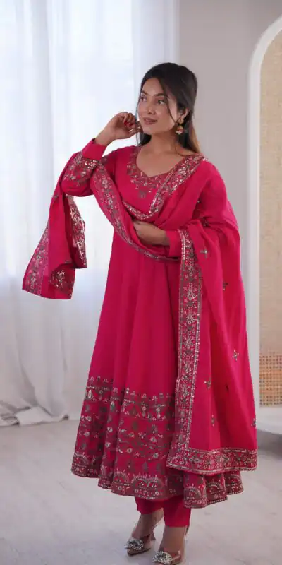 ZF 5016 Pink Roman Silk Gown with Embroidery Work. Wedding, Party, Festive, Events, Navratri, Exclusive Offer ₹2499. Delivery 4-6 Working Days. Shop now. | Gowns, Bollywood Gowns, Creative Gowns, Designer Gowns, Embroidered Gowns, Party Wear Gowns