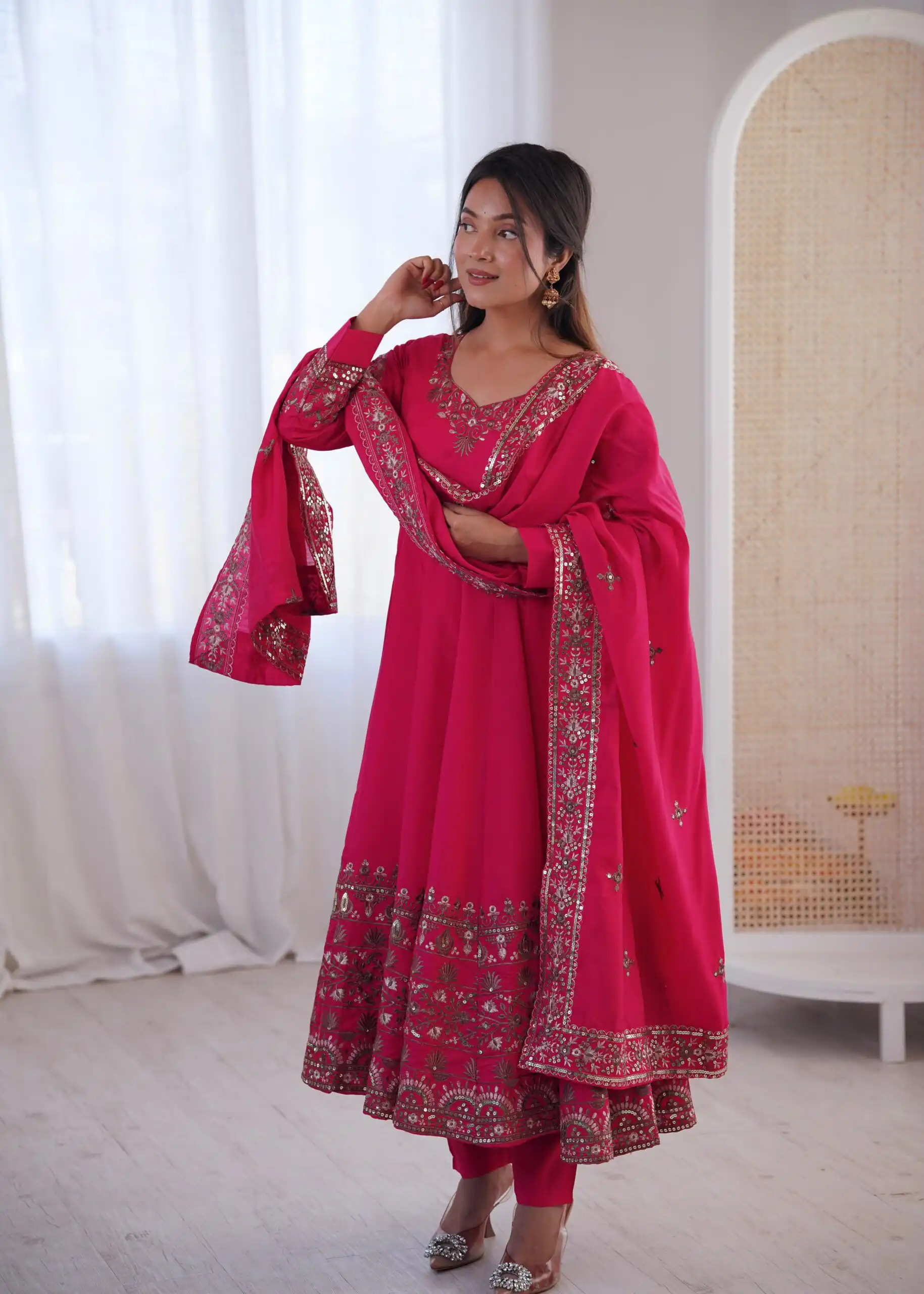 ZF 5016 Pink Roman Silk Gown with Embroidery Work. Wedding, Party, Festive, Events, Navratri, Exclusive Offer ₹2499. Delivery 4-6 Working Days. Shop now. | Gowns, Bollywood Gowns, Creative Gowns, Designer Gowns, Embroidered Gowns, Party Wear Gowns
