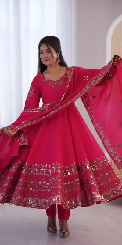 ZF 5016 Pink Roman Silk Gown with Embroidery Work. Wedding, Party, Festive, Events, Navratri, Exclusive Offer ₹2499. Delivery 4-6 Working Days. Shop now. | Gowns, Bollywood Gowns, Creative Gowns, Designer Gowns, Embroidered Gowns, Party Wear Gowns