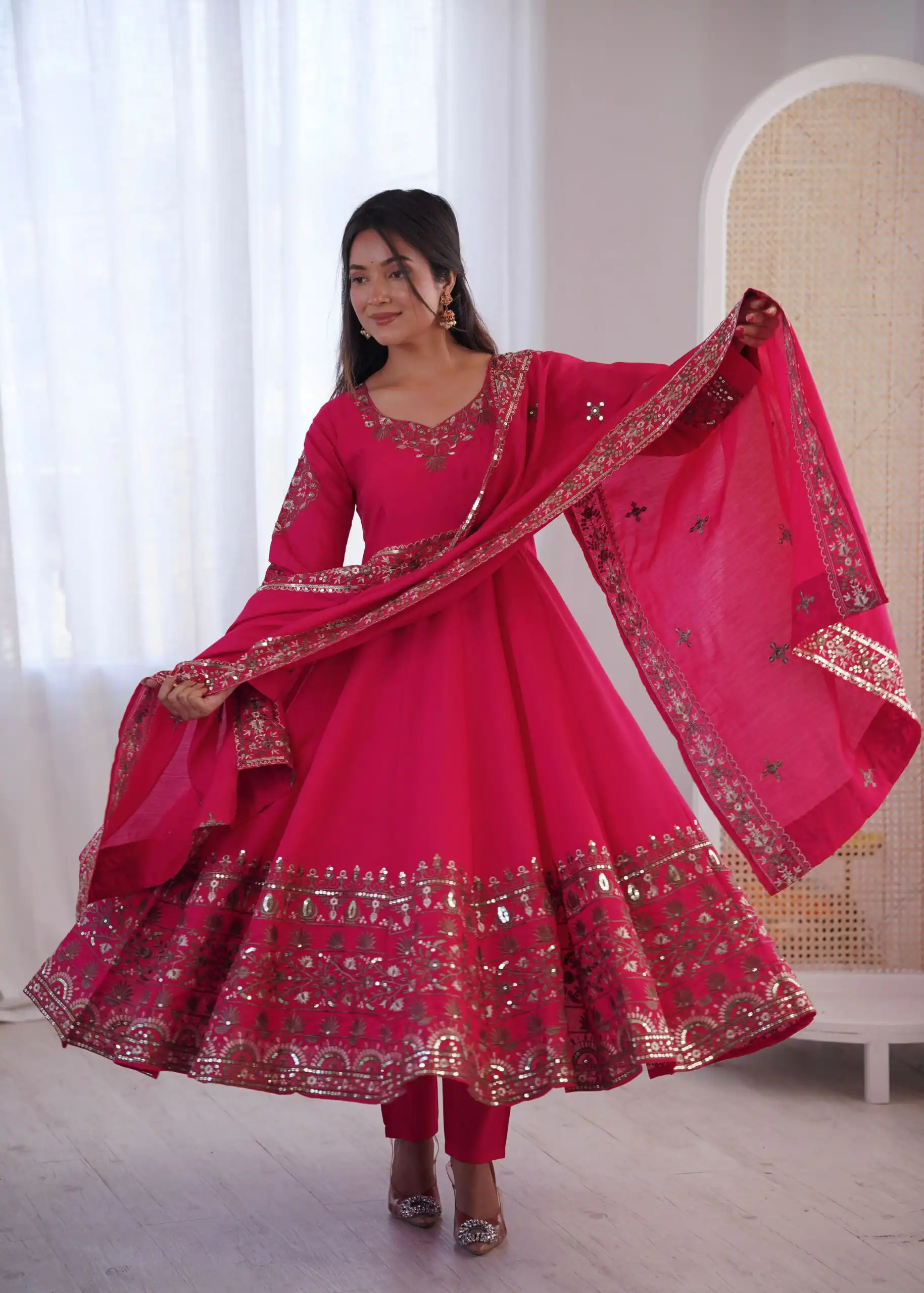 ZF 5016 Pink Roman Silk Gown with Embroidery Work. Wedding, Party, Festive, Events, Navratri, Exclusive Offer ₹2499. Delivery 4-6 Working Days. Shop now. | Gowns, Bollywood Gowns, Creative Gowns, Designer Gowns, Embroidered Gowns, Party Wear Gowns