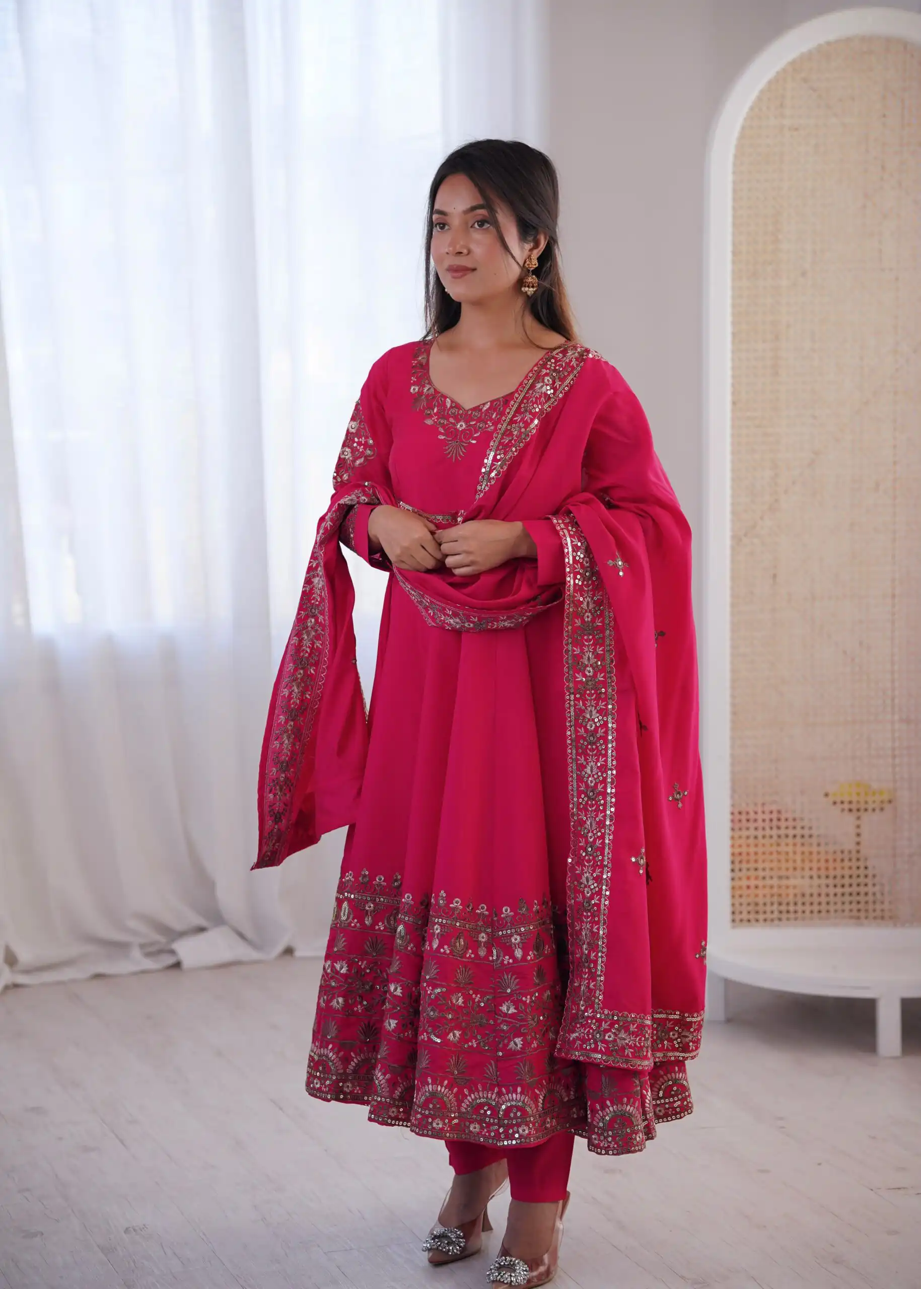 ZF 5016 Pink Roman Silk Gown with Embroidery Work. Wedding, Party, Festive, Events, Navratri, Exclusive Offer ₹2499. Delivery 4-6 Working Days. Shop now. | Gowns, Bollywood Gowns, Creative Gowns, Designer Gowns, Embroidered Gowns, Party Wear Gowns