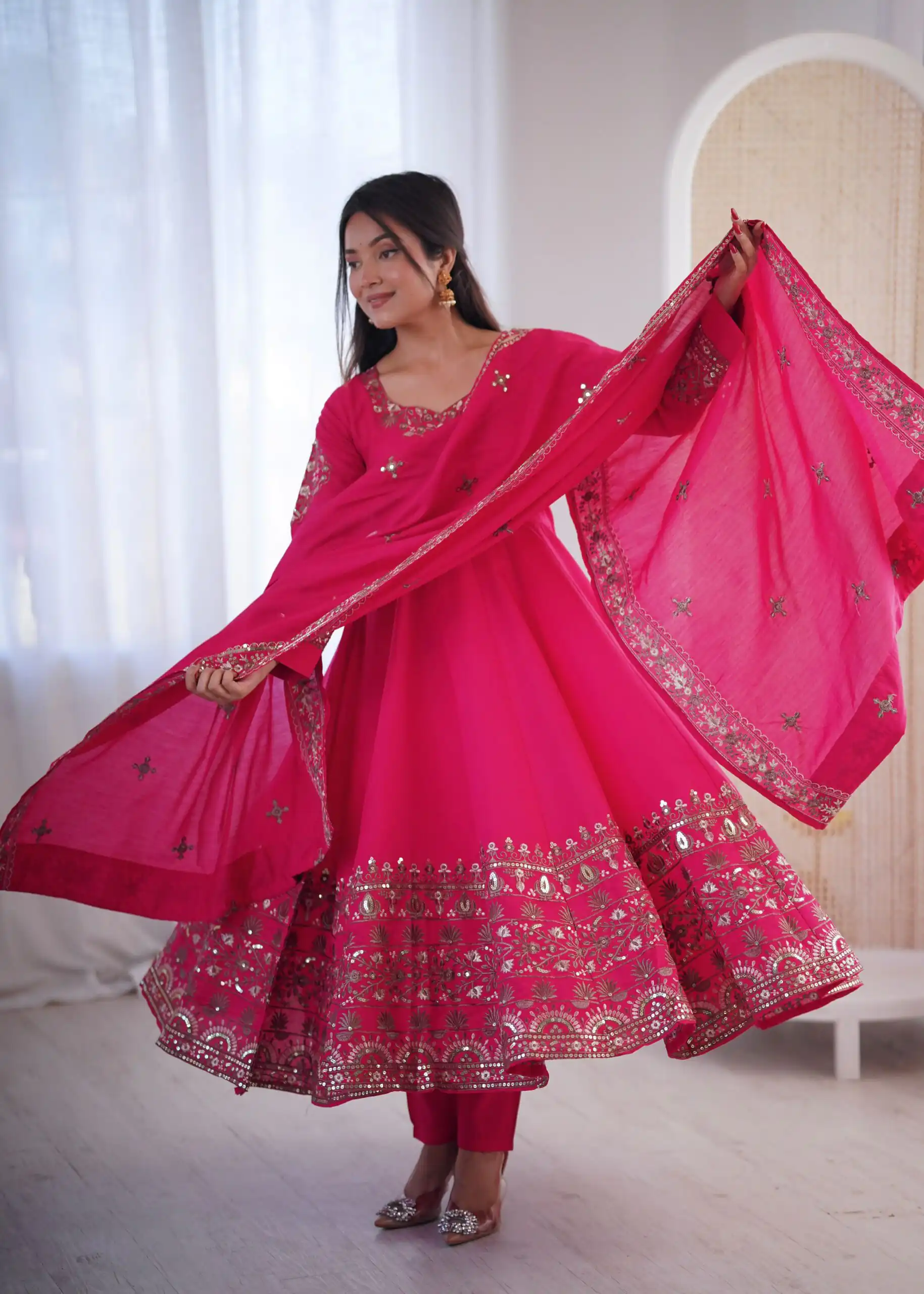 ZF 5016 Pink Roman Silk Gown with Embroidery Work. Wedding, Party, Festive, Events, Navratri, Exclusive Offer ₹2499. Delivery 4-6 Working Days. Shop now. | Gowns, Bollywood Gowns, Creative Gowns, Designer Gowns, Embroidered Gowns, Party Wear Gowns