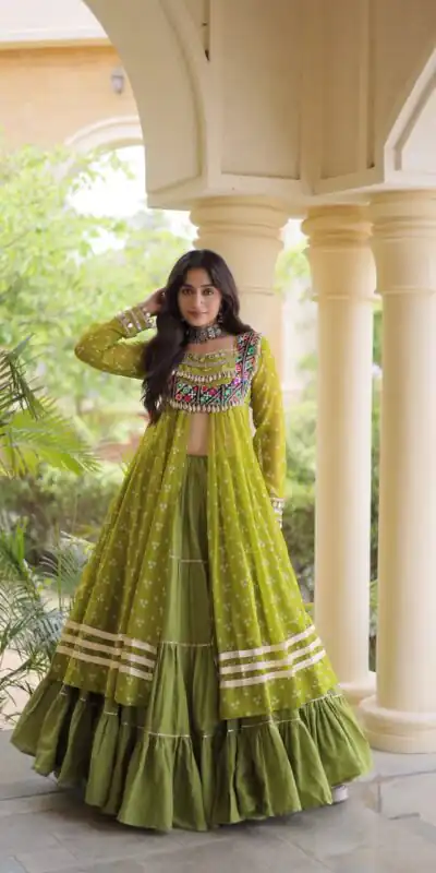 KA 5081 Mahendi| Faux Georgette Lehenga Choli with Embroidery Work & Lace Work. Special Price ₹3099. Delivery 4-6 Working Days. Shop now. | Lehenga, Bollywood Lehenga, Creative Lehenga, Designer Lehenga, Embroidered Lehenga, Party Wear Lehenga