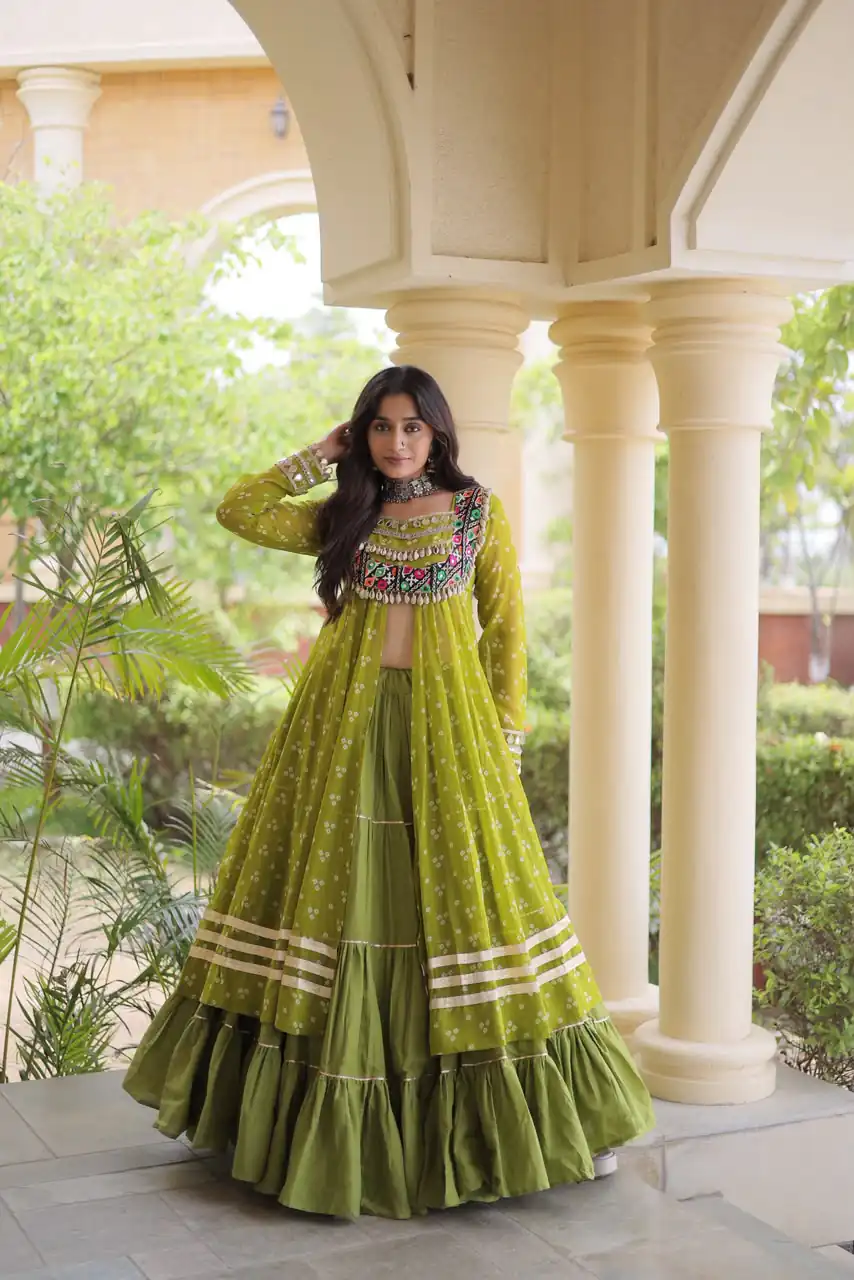KA 5081 Mahendi| Faux Georgette Lehenga Choli with Embroidery Work & Lace Work. Special Price ₹3099. Delivery 4-6 Working Days. Shop now. | Lehenga, Bollywood Lehenga, Creative Lehenga, Designer Lehenga, Embroidered Lehenga, Party Wear Lehenga