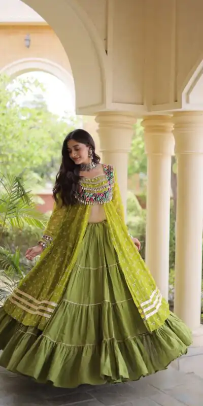 KA 5081 Mahendi| Faux Georgette Lehenga Choli with Embroidery Work & Lace Work. Special Price ₹3099. Delivery 4-6 Working Days. Shop now. | Lehenga, Bollywood Lehenga, Creative Lehenga, Designer Lehenga, Embroidered Lehenga, Party Wear Lehenga