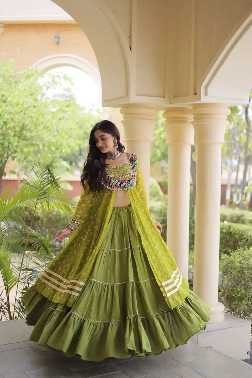 KA 5081 Mahendi| Faux Georgette Lehenga Choli with Embroidery Work & Lace Work. Special Price ₹3099. Delivery 4-6 Working Days. Shop now. | Lehenga, Bollywood Lehenga, Creative Lehenga, Designer Lehenga, Embroidered Lehenga, Party Wear Lehenga