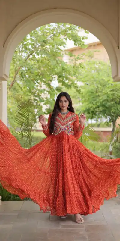 KA 1271 Orange in Colour Faux Georgette Bandhani Print Work Gown. Available at ₹2069 only. Delivery 4-6 Working Days. Shop now. | Gowns, Bollywood Gowns, Creative Gowns, Designer Gowns, Embroidered Gowns, Party Wear Gowns