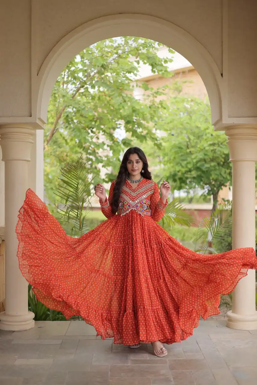 KA 1271 Orange in Colour Faux Georgette Bandhani Print Work Gown. Available at ₹2069 only. Delivery 4-6 Working Days. Shop now. | Gowns, Bollywood Gowns, Creative Gowns, Designer Gowns, Embroidered Gowns, Party Wear Gowns