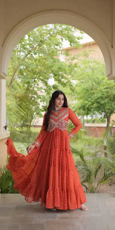KA 1271 Orange in Colour Faux Georgette Bandhani Print Work Gown. Available at ₹2069 only. Delivery 4-6 Working Days. Shop now. | Gowns, Bollywood Gowns, Creative Gowns, Designer Gowns, Embroidered Gowns, Party Wear Gowns