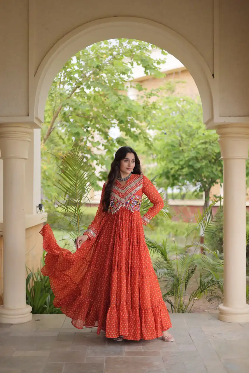 KA 1271 Orange in Colour Faux Georgette Bandhani Print Work Gown. Available at ₹2069 only. Delivery 4-6 Working Days. Shop now. | Gowns, Bollywood Gowns, Creative Gowns, Designer Gowns, Embroidered Gowns, Party Wear Gowns