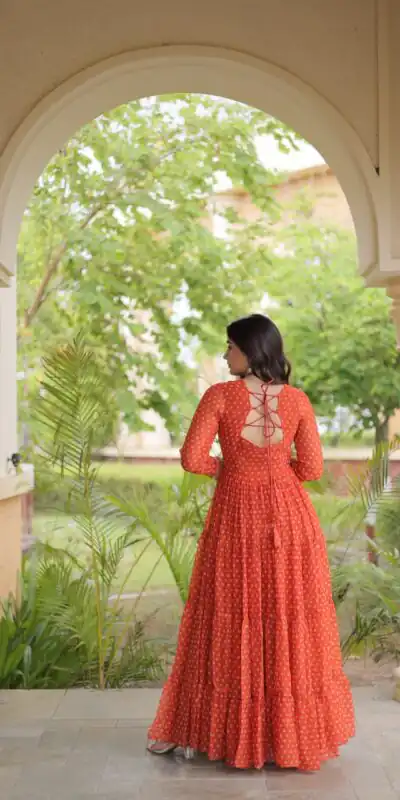KA 1271 Orange in Colour Faux Georgette Bandhani Print Work Gown. Available at ₹2069 only. Delivery 4-6 Working Days. Shop now. | Gowns, Bollywood Gowns, Creative Gowns, Designer Gowns, Embroidered Gowns, Party Wear Gowns