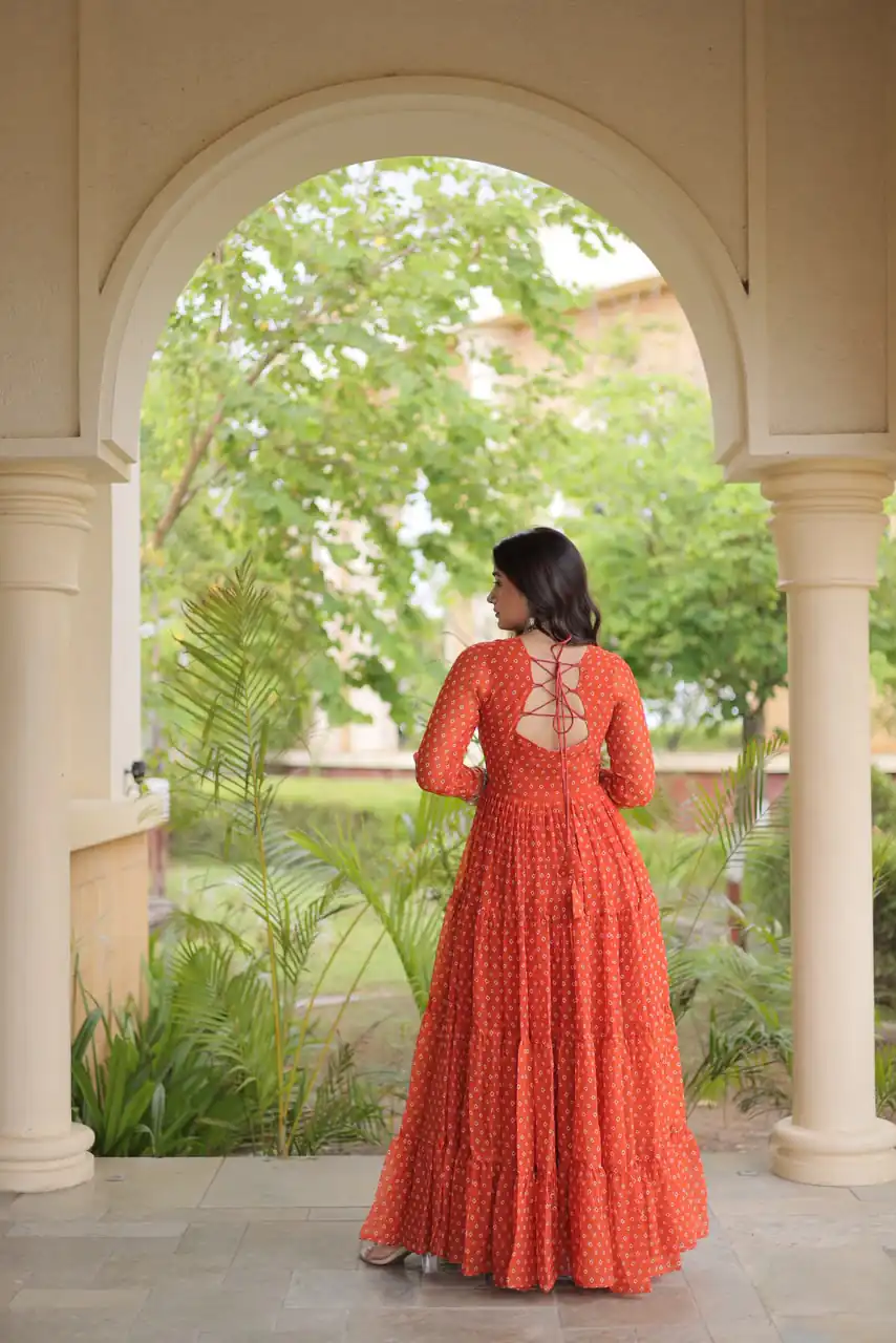 KA 1271 Orange in Colour Faux Georgette Bandhani Print Work Gown. Available at ₹2069 only. Delivery 4-6 Working Days. Shop now. | Gowns, Bollywood Gowns, Creative Gowns, Designer Gowns, Embroidered Gowns, Party Wear Gowns