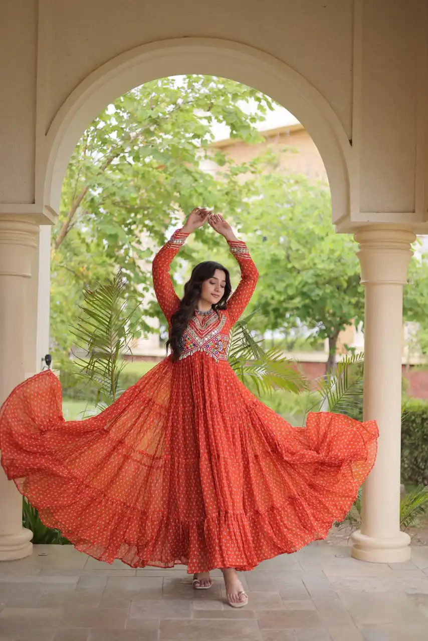 KA 1271 Orange in Colour Faux Georgette Bandhani Print Work Gown. Available at ₹2069 only. Delivery 4-6 Working Days. Shop now. | Gowns, Bollywood Gowns, Creative Gowns, Designer Gowns, Embroidered Gowns, Party Wear Gowns