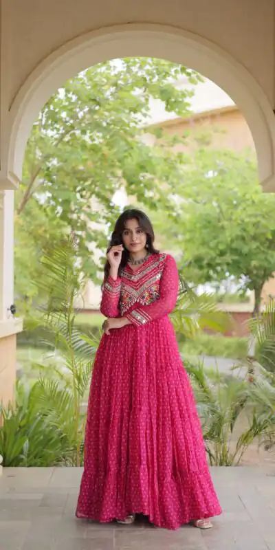 KA 1271 Pink in Colour Faux Georgette Bandhani Print Work Gown. Available at ₹2069 only. Delivery 4-6 Working Days. Shop now. | Gowns, Bollywood Gowns, Creative Gowns, Designer Gowns, Embroidered Gowns, Party Wear Gowns