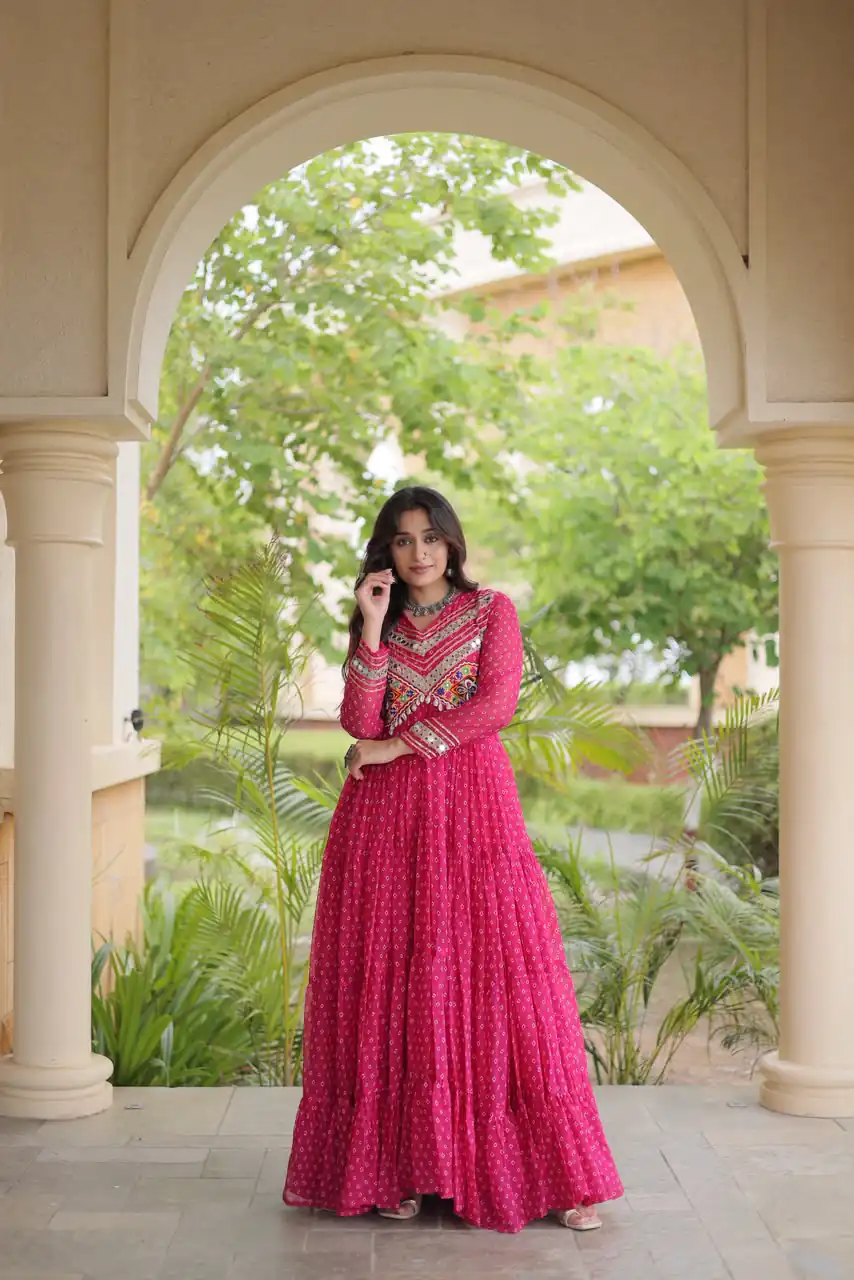 KA 1271 Pink in Colour Faux Georgette Bandhani Print Work Gown. Available at ₹2069 only. Delivery 4-6 Working Days. Shop now. | Gowns, Bollywood Gowns, Creative Gowns, Designer Gowns, Embroidered Gowns, Party Wear Gowns