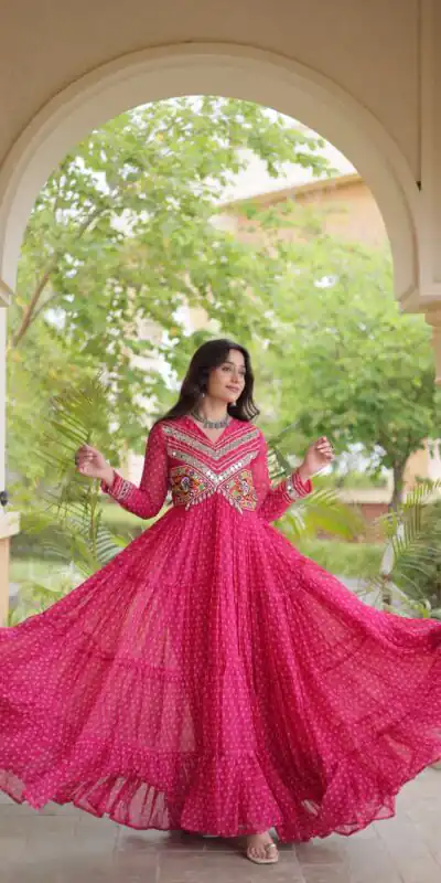 KA 1271 Pink in Colour Faux Georgette Bandhani Print Work Gown. Available at ₹2069 only. Delivery 4-6 Working Days. Shop now. | Gowns, Bollywood Gowns, Creative Gowns, Designer Gowns, Embroidered Gowns, Party Wear Gowns