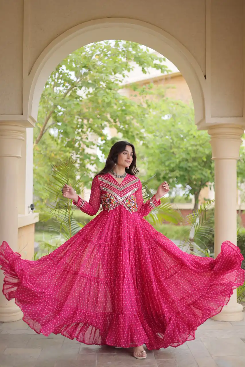 KA 1271 Pink in Colour Faux Georgette Bandhani Print Work Gown. Available at ₹2069 only. Delivery 4-6 Working Days. Shop now. | Gowns, Bollywood Gowns, Creative Gowns, Designer Gowns, Embroidered Gowns, Party Wear Gowns