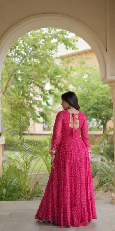 KA 1271 Pink in Colour Faux Georgette Bandhani Print Work Gown. Available at ₹2069 only. Delivery 4-6 Working Days. Shop now. | Gowns, Bollywood Gowns, Creative Gowns, Designer Gowns, Embroidered Gowns, Party Wear Gowns