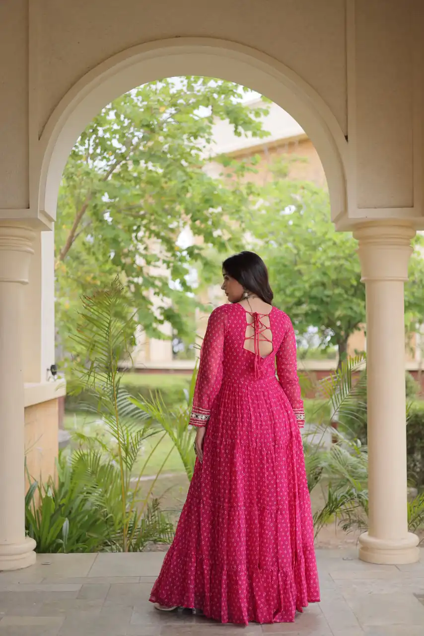 KA 1271 Pink in Colour Faux Georgette Bandhani Print Work Gown. Available at ₹2069 only. Delivery 4-6 Working Days. Shop now. | Gowns, Bollywood Gowns, Creative Gowns, Designer Gowns, Embroidered Gowns, Party Wear Gowns
