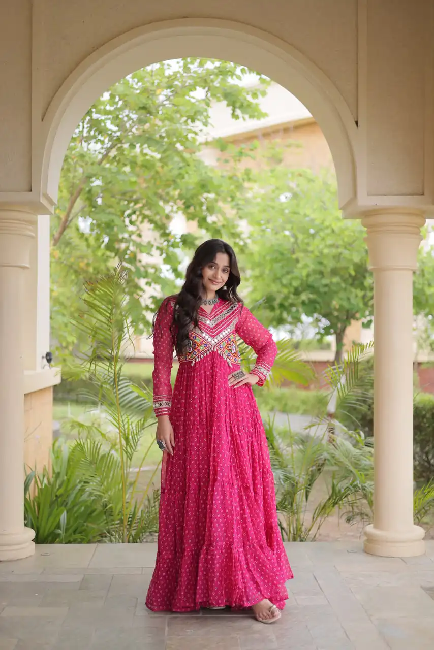 KA 1271 Pink in Colour Faux Georgette Bandhani Print Work Gown. Available at ₹2069 only. Delivery 4-6 Working Days. Shop now. | Gowns, Bollywood Gowns, Creative Gowns, Designer Gowns, Embroidered Gowns, Party Wear Gowns