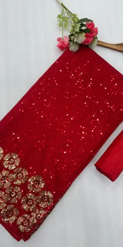 DF 3459 Red in Faux Georgette Zari Work & Embroidery Work Saree. Special Price ₹1899. Delivery 4-6 Working Days. Shop now. | Sarees, Bollywood Sarees, Creative Sarees, Designer Sarees, Embroidered Sarees, Ethnic Saree, Modern Digital sarees, Party Wear Sarees